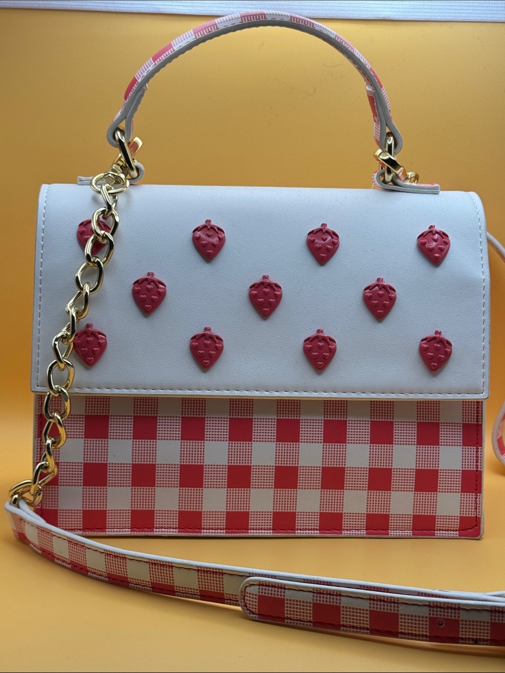 Betsey Johnson Strawberry Gingham Crossbody Satchel Bag.